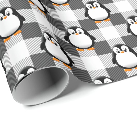 Schattige Pinguïn Plaid Pattern In Zwart Wit En Gr Cadeaupapier (Rol Hoek)