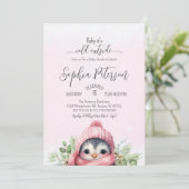 Schattige Pinguïn Roze Meisje Winter Baby shower Kaart (Staand voorkant)