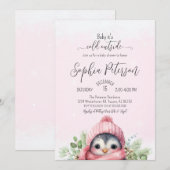Schattige Pinguïn Roze Meisje Winter Baby shower Kaart (Voorkant / Achterkant)