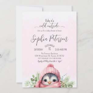 Schattige Pinguïn Roze Meisje Winter Baby shower Kaart