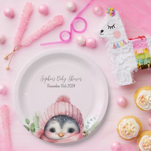 Schattige Pinguïn Roze Meisje Winter Baby shower Papieren Bordje (Feest)