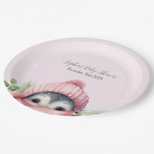 Schattige Pinguïn Roze Meisje Winter Baby shower Papieren Bordje (Gekanteld)