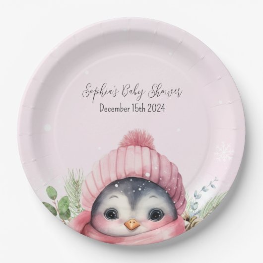 Schattige Pinguïn Roze Meisje Winter Baby shower Papieren Bordje (Voorkant)