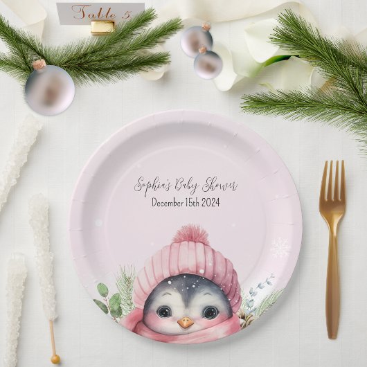 Schattige Pinguïn Roze Meisje Winter Baby shower Papieren Bordje
