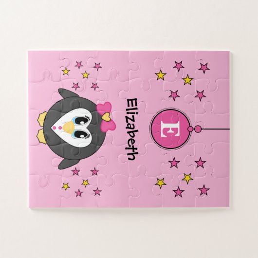 Schattige pinguin sterren en naam roze kinderen legpuzzel (Horizontaal)