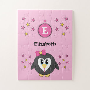 Schattige pinguin sterren en naam roze kinderen legpuzzel