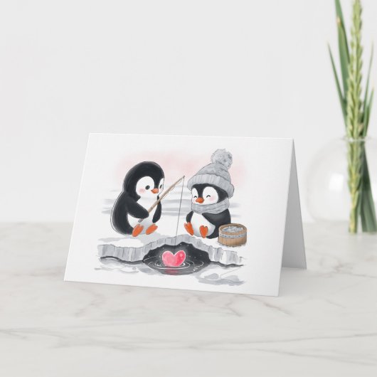 Schattige Pinguïn Valentijn / Voorstel Ice Vist Feestdagen Kaart (Voorkant)