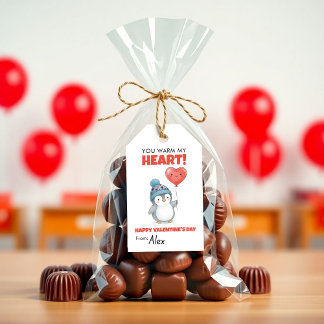Schattige Pinguïn Valentijnskaart “Je Verwarmt Mij Cadeaulabel