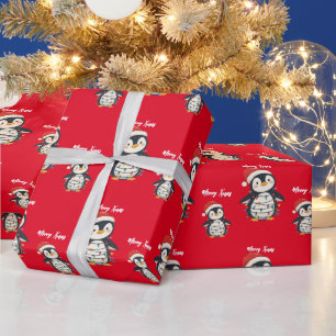 Schattige pinguïn Vrolijk kerstboom winter Kerstmi Cadeaupapier