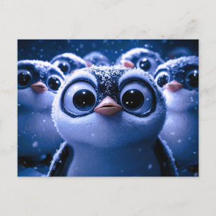 Schattige Pinguïnfamilie Besneeuwde Winter Nacht Feestdagenkaart