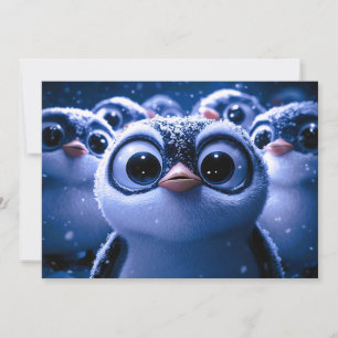 Schattige Pinguïnfamilie Besneeuwde Winter Nacht Feestdagenkaart
