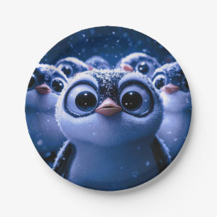 Schattige Pinguïnfamilie Besneeuwde Winter Nacht Papieren Bordje