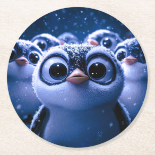 Schattige Pinguïnfamilie Besneeuwde Winter Nacht Ronde Kartonnen Onderzetter