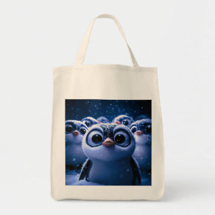 Schattige Pinguïnfamilie Besneeuwde Winter Nacht Tote Bag