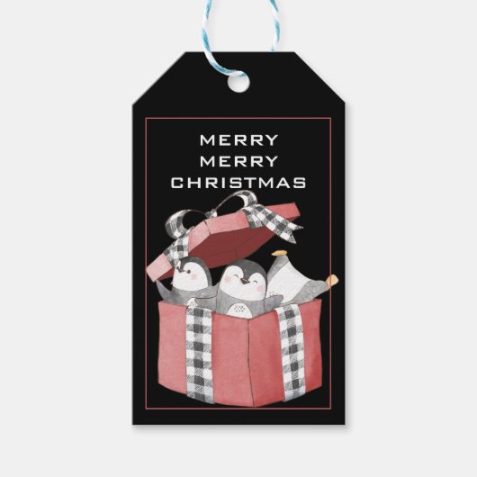Schattige Pinguïns In Rood Kerstdag Cadeau Doos Cadeaulabel (Voorkant)