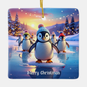 Schattige Pinguïns in Wintermutsen op Bevroren Ijs Keramisch Ornament