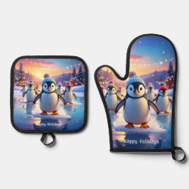 Schattige Pinguïns in Wintermutsen op Bevroren Ijs Ovenwant & Pannenlap Set