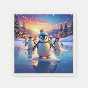 Schattige Pinguïns in Wintermutsen op Bevroren Ijs Servet
