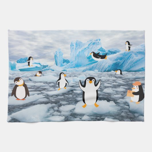 schattige pinguïns op Antarctica-ijs Theedoek (Horizontaal)