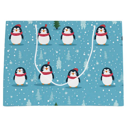 Schattige Pinguïns op Lichtblauw met Sneeuwvlokken Groot Cadeauzakje (Voorkant)