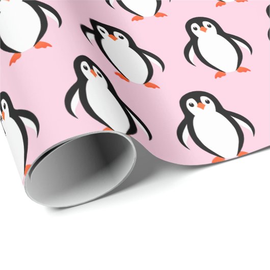 Schattige Pinguïns Patroon op Licht Pastel Roze Cadeaupapier (Rol Hoek)