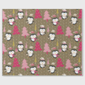 Schattige pinguïns Roze kerstbomen Kinder kerstmis Cadeaupapier (Vlak)