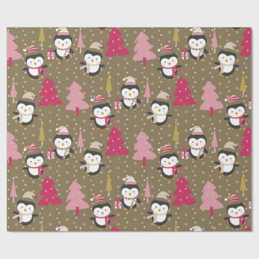 Schattige pinguïns Roze kerstbomen Kinder kerstmis Cadeaupapier (Vlak)