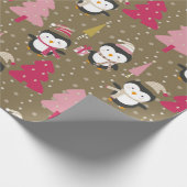 Schattige pinguïns Roze kerstbomen Kinder kerstmis Cadeaupapier (Hoek)