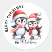 Schattige pinguïns schaatsen vrolijk kerstfeest ronde sticker (Voorkant)