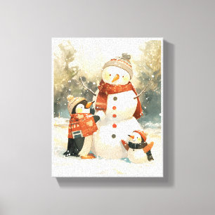 Schattige Pinguïns & Sneeuwman – Gezellige Winter Canvas Afdruk