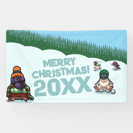 Schattige Pinguïns Voegen Het Jaar Prettig Kerstfe Spandoek (Horizontaal)