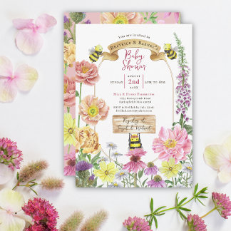 Schattige Pink Bee en Wildflower Coed Baby shower Kaart