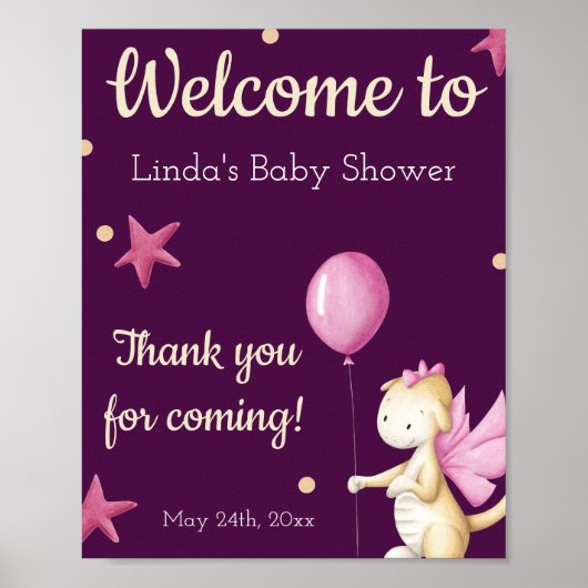 Schattige Pink Dragon Baby shower Welkom Poster (Voorkant)