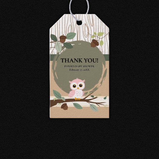 Schattige Pink Owl Woodland Forest Baby shower Cadeaulabel