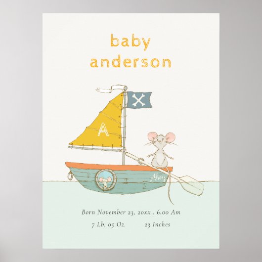 Schattige Piraat Muis Zeilboot Kinderen Monogram B Poster (Voorkant)
