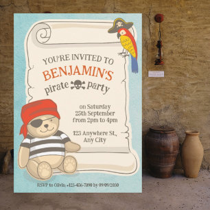 Schattige Piraat Teddybeer Baby Shower Uitnodiging