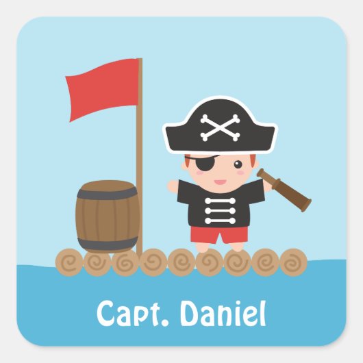 Schattige Pirate Captain Ocean Raft Jongensnaam St Vierkante Sticker (Voorkant)