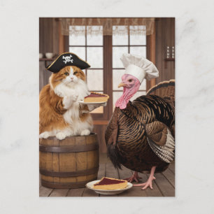 Schattige Pirate Kat en Turkije Thanksgiving Pie Briefkaart