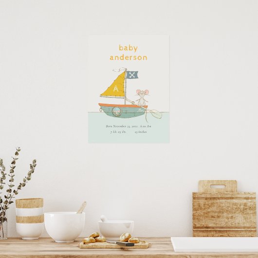 Schattige Piraten Muis Zeilboot Kinderen Monogram Poster (Keuken)