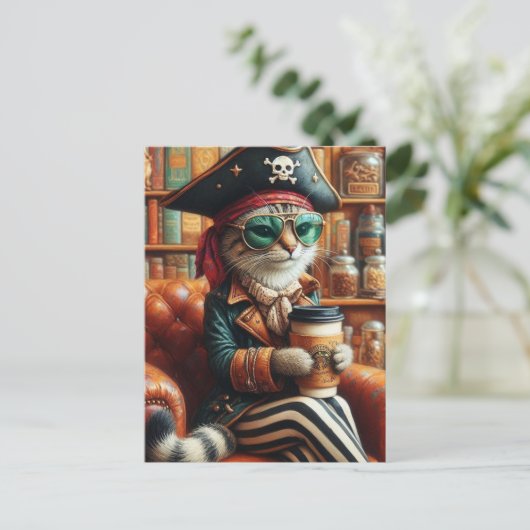 Schattige piratenkat met koffie briefkaart (Staand voorkant)