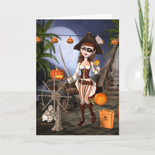 Schattige piratenmeisje Halloween Kaart (Voorkant)
