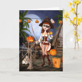 Schattige piratenmeisje Halloween Kaart (Gele Bloem)