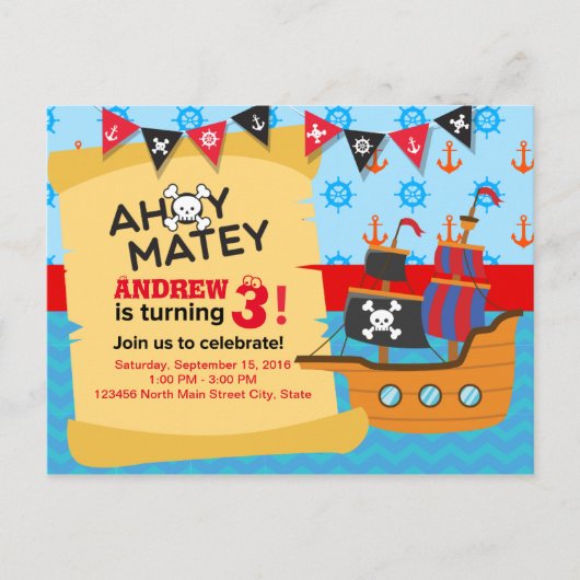 Schattige Piratenschip bunting Baby boy Verjaardag Briefkaart (Voorkant)