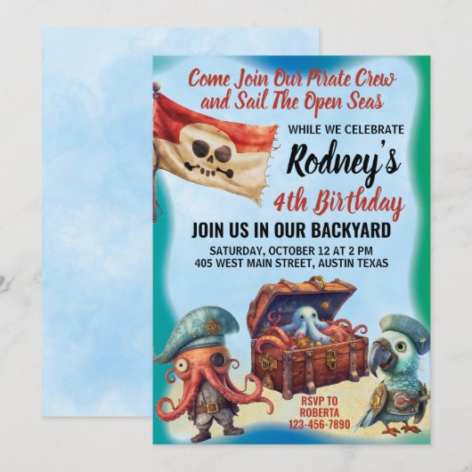 Schattige piratenthema verjaardagsfeestuitnodiging kaart (Voorkant / Achterkant)