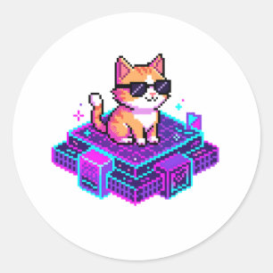 Schattige Pixel Art Koele Kat met Zonnebril Ronde Sticker