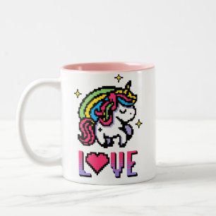 Schattige Pixel Eenhoorn Liefde Retro Gamen Tweekleurige Koffiemok