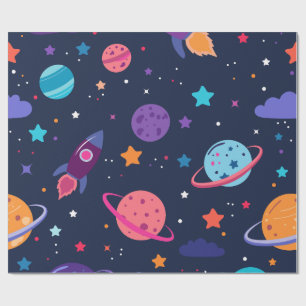 Schattige Planeten Raket Sterren Kinderen Verjaard Cadeaupapier