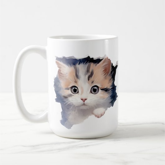 SCHATTIGE PLUIZIG CALICO KITTEN GEZICHT KOFFIEMOK (Links)