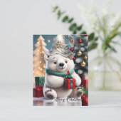 Schattige pluizig kerst polar beer met cadeau. feestdagenkaart (Staand voorkant)