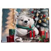 Schattige pluizig kerst polar beer met cadeau. groot cadeauzakje (Voorkant)